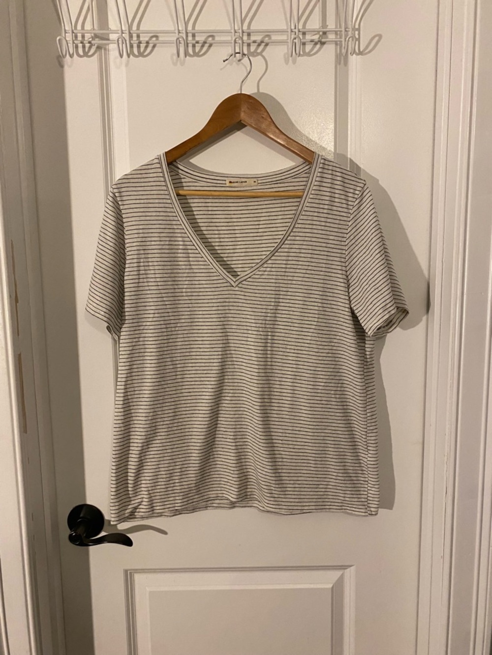 Marine Layer Boyfriend Striped V-Neck Short Sleeve Top - Neutral Stripe